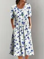 Elegant white short-sleeved dress featuring blue floral prints and a pleated flared hem - S / Dress (TT0603) / Color 10 (Blue Floral)