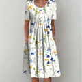 Elegant white short sleeve floral print dress with round neck and pockets for women - S / Dress (TT0603) / Color 2 (Yellow Blue Daisy)