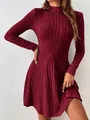Detailed view of a burgundy slim fit mock neck ribbed A-line long sleeve dress model - S / Dresses / Burgundy