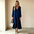 Elegant navy blue V-neck long-sleeve maxi dress with loose tiered hem - 3XL / Dresses / Navy Blue