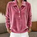 Soft pink velvet long sleeve polo shirt for women featuring half-button lapel collar - Rose Red