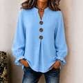 Elegant light blue V-neck long sleeve blouse for women with decorative wood buttons - S / Tops / Sky Blue