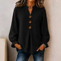 Women's long sleeve V-neck loose blouse in black with decorative buttons - S / Tops / Black