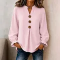 Elegant pink V-neck long sleeve blouse with buttons and ruffled cuffs for women - S / Tops / Pink