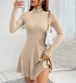 Detail view of a slim fit beige mock neck ribbed knit A-line dress for autumn and winter - Off White