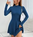 Detail of blue mock neck ribbed knit A-line dress showing fabric texture - S / Dresses / Sapphire Blue