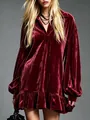 Elegantes burgunderrotes Samthemdkleid mit Laternenärmeln und einem Rüschensaum - S / Kleider / Burgunderrot