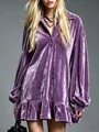 Elegantes lila Samthemdkleid mit modischen Laternenärmeln und einem schicken Volantsaum - Dunkelviolett
