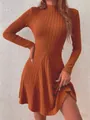 Elegant slim fit semi-high neck ribbed long sleeve A-line knit dress in burnt orange finish - Caramel color