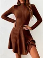 Elegant brown ribbed long-sleeved A-line dress featuring a slim-fit half-high collar design - Chocolate