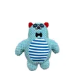 Blue corduroy dog squeaky plush toy with striped belly for teething and playing - Gentleman Bear / Blue