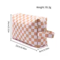 Portable peach checkered PU leather cosmetic bag showing dimensions and weight details - L / Orange and White Checkerboard
