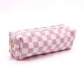 Large capacity pink and white checkered PU leather cosmetic bag with durable gold zipper - Rectangle / Pink & White Checkerboard