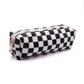 Portable black and white checkered PU cosmetic storage bag with gold zipper closure. - Rectangle / Black & White Checkerboard