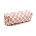 Portable PU makeup bag featuring a stylish beige and white checkerboard pattern with gold zipper - Rectangle / Apricot Checkerboard