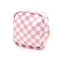 Compact pink and white checkered PU mini cosmetic pouch for lipstick and jewelry - Square / Pink & White Checkerboard