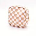 Portable tan and white checkered PU leather cosmetic bag with gold zipper for travel - Square / Apricot Checkerboard