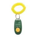 Green pet training clicker with a yellow button and a yellow elastic wrist coil strap - Green