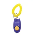 Blue pet training clicker tool featuring yellow button and flexible wrist coil strap - Blue