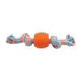 Durable cotton rope dog toy with textured orange rubber chew ball for pet teething - Orange