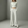 Ensemble de sport 3 pièces gris chiné pour femme avec haut court zippé et pantalon large - S / Haut et Bas / Blanc
