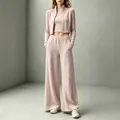 Ensemble 3 pièces en maille pour femme en rose poudré avec pantalon large et veste - S / Haut et Bas / Rose