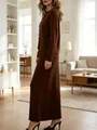 Elegant brown knit cardigan and vertical stripe pleated maxi skirt two-piece set for women - S / Top And Bottom / Coffee