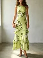 Abito lungo floreale senza maniche con balze a più strati in verde lime - XS / Vestiti / verde-giallo