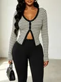 Close-up of a slim fit black and white striped V-neck long sleeve knit cardigan. - XS / Tops / Off White