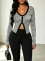 Close-up of a striped V-neck knit cardigan with button-down detail and slim fit - XS / Tops / Gray