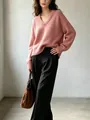 Maglione in maglia rosa con scollo a V da donna stile pigro e vestibilità comoda - XS / Top / Rosa
