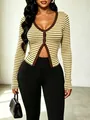 Close-up view of a striped V-neck knit cardigan with long sleeves and a slim fit style. - XS / Tops / Yellow