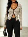 Elegant slim fit striped V-neck knit cardigan with long sleeves on a female model - XS / Tops / Apricot