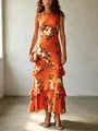 Elegante abito lungo floreale arancione senza maniche con volant a balze per le vacanze - arancio-rosso