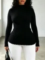 Black high-neck ribbed knit sweater with peplum hem and slim fit detailed texture - Black