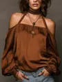 Detailed view of brown off-the-shoulder matte satin blouse with halter neck detail. - XS / Tops / Caramel color
