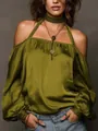 Detail view of olive green matte satin off-the-shoulder top with halter neck design - XS / Tops / Olive Green