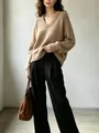 Maglione oversize in maglia con scollo a V kaki, top invernale a maniche lunghe tinta unita - Kaki