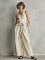 Elegante tuta beige senza maniche con scollo a V, cintura in vita e gamba larga - Taglia S / Top E Pantaloni / Albicocca