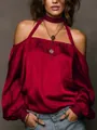 Detailed shot of elegant burgundy off-the-shoulder matte satin blouse with choker detail - XS / Tops / Red