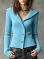 Detailed view of women's slim fit ribbed knit cardigan featuring V-neck and hooded design - S / Tops / Sky Blue