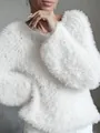 Detailed macro shot of a cozy white fluffy faux fur long-sleeve sweater with round neck - S / Tops / White