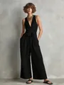 Elegante tuta nera senza maniche con scollo a V e laccio in vita da donna per estate - Taglia S / Vestiti / Nero