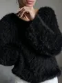 Premium black fuzzy crewneck sweater featuring fluffy long sleeves and shaggy texture - S / Tops / Black
