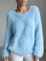 Soft macaron blue fuzzy faux fur sweater with round neck and long sleeves for women. - S / Tops / Light Blue