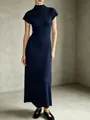 Elegant navy blue mock neck sleeveless long dress with a minimalist vintage aesthetic - S / Dresses / Navy Blue