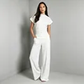 Ensemble de détente élégant en maille côtelée blanche avec haut court et pantalon large - S / Haut Et Bas / Blanc
