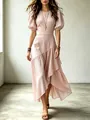 Elegant pink lantern sleeve midi dress featuring a stylish asymmetric ruffled hemline detail - XS / Dresses / Lotus Pink