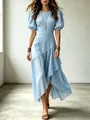 Detail of light blue lantern sleeve dress with elegant asymmetrical ruffled hemline - XS / Dresses / Light Blue