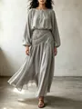 Elegant grey bohemian maxi dress featuring lantern sleeves and pleated waist detail. - Gray
